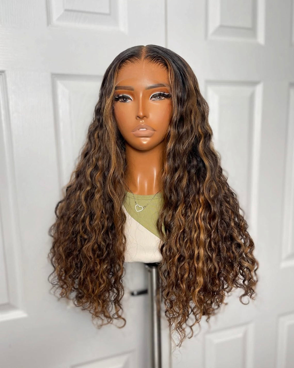 Brown with Blonde Highlights, Water Wave 13x4 HD Frontal Closure Wig
